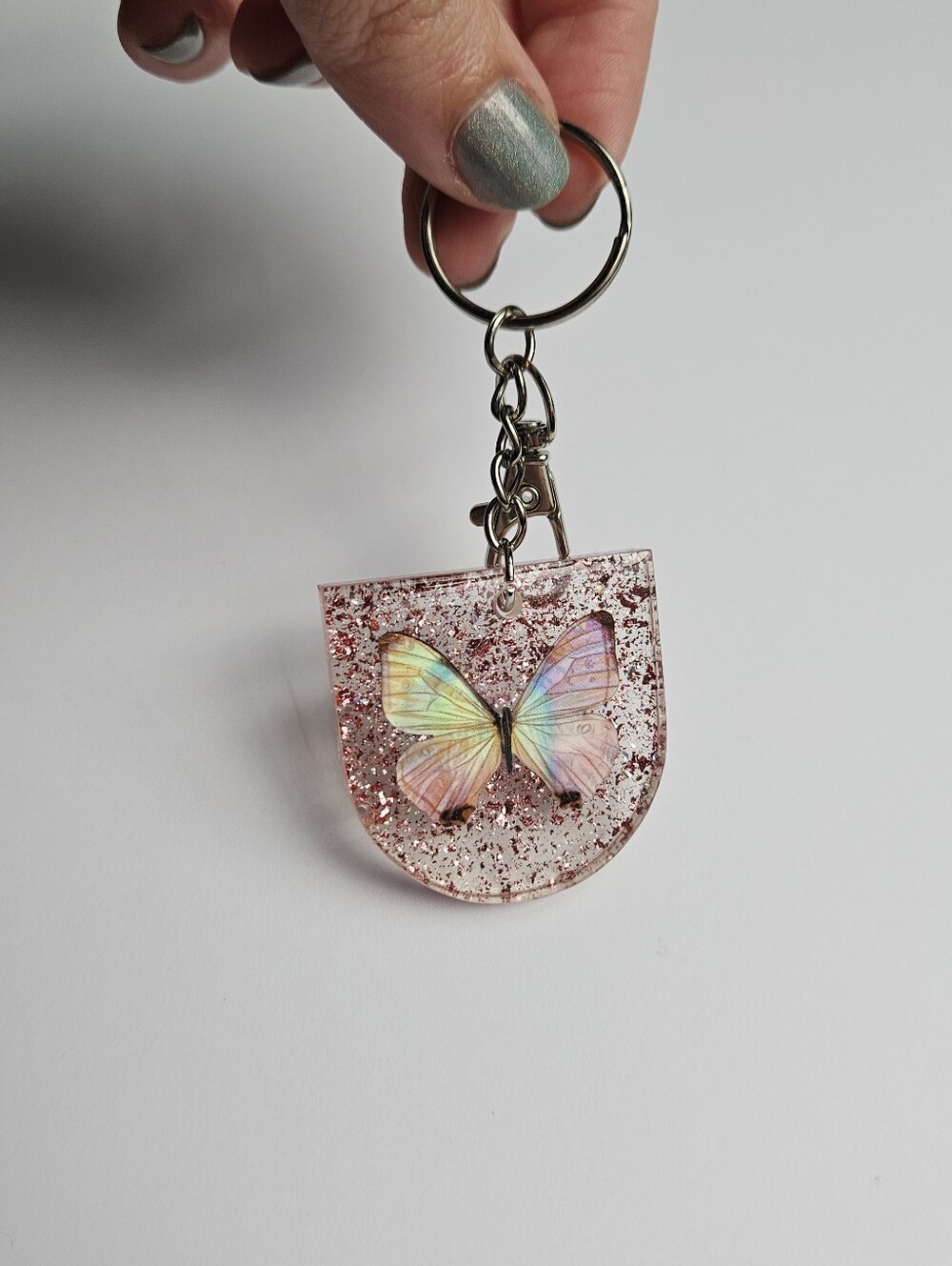Handmade Holographic Pink Butterfly & Pink Glitter Silver Resin Keychain